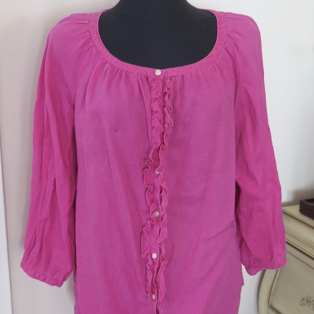 Lauren Ralph Lauren Pink Blouson Ruffle Top Shirt 100% Linen